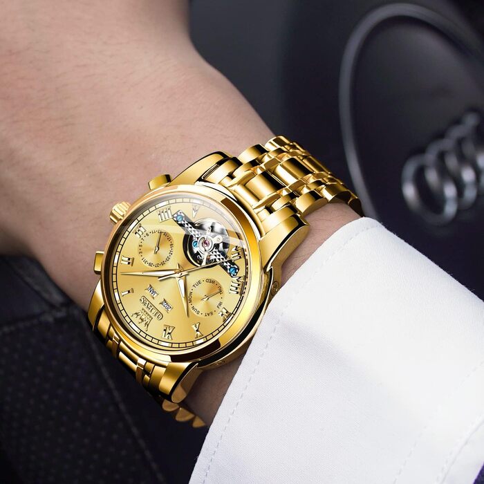 Чоловічий годинник OLEVS Automatik з турбійоном, календар, чорний, золотий, водостійкий, світловий, двоколірний | Механічний годинник для чоловіків