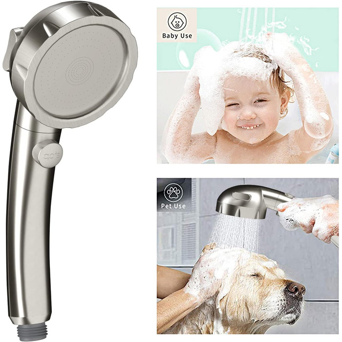 KAIYING Drill-Free High-Pressure Handheld Showerhead with ON/OFF Pause Switch, 3 Spray Modes, Water-Saving Showerhead, Detachable Puppy Shower Accessory (M: Showerhead + Holder + Hose) (Brushed Nickel)