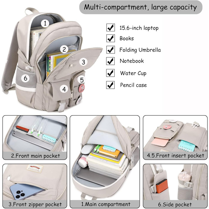Makukke Rucksack Women's - School Backpack Girls Teenagers, Cute Anime Bookbag Women Casual Daypack Anti-Theft Backpacks for University Travel Leisure Work (Gray)