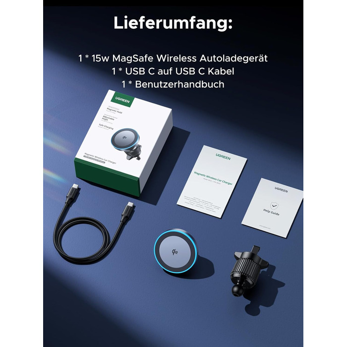 Автотримач для телефону UGREEN з MagSafe та зарядкою 15W (1M кабель) - сумісний з iPhone 17/17 Pro/17 Pro Max/16/15/14/13