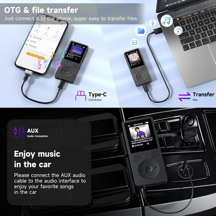 MP3 плеєр 32GB з Bluetooth 5.3 та динаміком, FM-радіо, диктофон, HiFi звук, фізичні кнопки керування, чорний