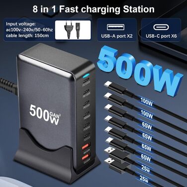Зарядний пристрій USB C 500W, 8 портів: швидка зарядка USB-C/USB-A, PD PPS 100W для MacBook, iPad, Samsung та інших пристроїв