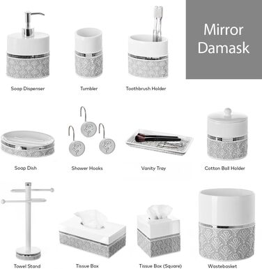 Набір аксесуарів для ванної кімнати Creative Scents Mirror Damask (6 предметів) - Дозатор для мила, мильниця, стакан, тримач для зубної щітки, кришка для серветок, сміттєвий кошик (сірий та білий)