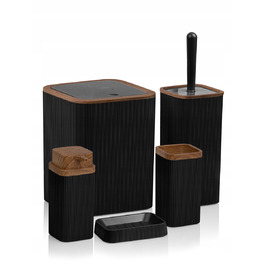 Набір аксесуарів для ванної кімнати Stella, 5 предметів, чорний з дерев'яним оздобленням