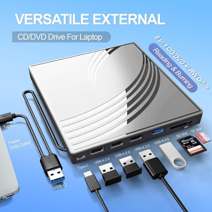 Зовнішній CD/DVD-RW привід USB 3.0, ультратонкий DVD-плеєр для ноутбука з 4 USB-портами, картридером SD/TF та роз'ємом Type-C, сумісний з Windows, macOS, Linux