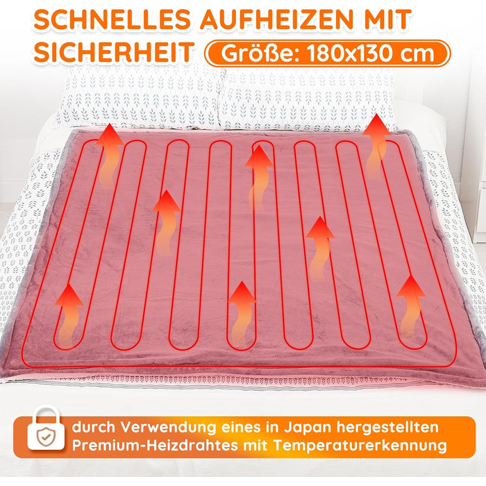 Електрична ковдра Mia&Coco з автовимкненням 180x130 см, 10 рівнів нагріву, таймер 9 годин, захист від перегріву, машинне прання, фланель, для ліжка, дивану та вітальні, сіра 130x180 см