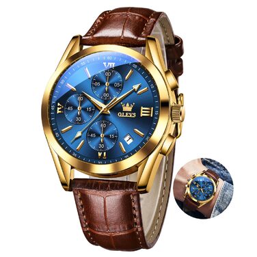 Чоловічий годинник OLEVS Vintage з шкіряним ремінцем, велике циферблат, водостійкий, аналоговий годинник з датою (2872, блакитний циферблат/коричневий ремінець)