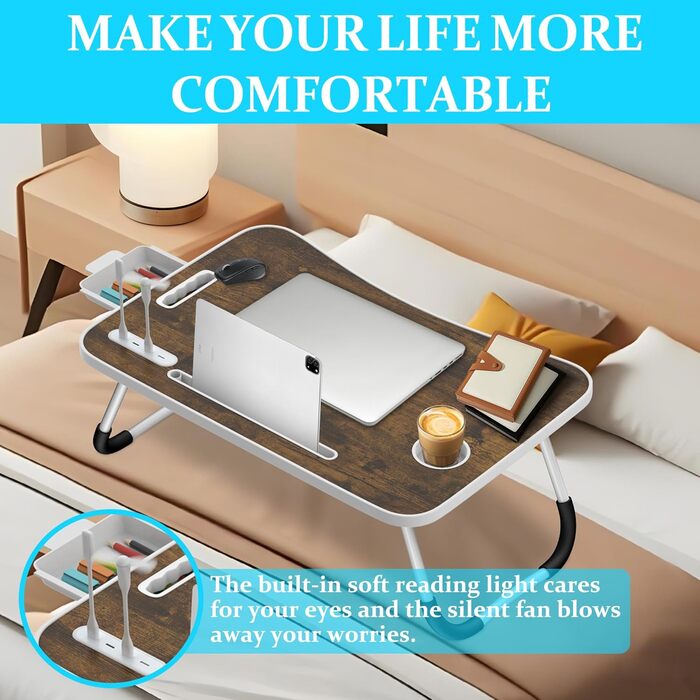 Столик для ноутбука Soontrans з ящиком, тримачем для напоїв та планшета, світлом та вентилятором, 60x40x28 см