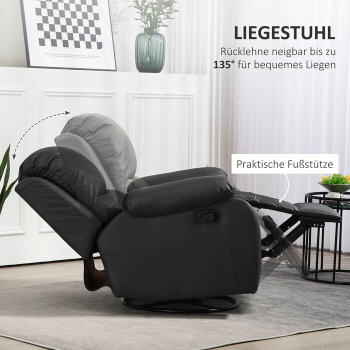 HOMCOM Recliner Chair with Adjustable Backrest & Footrest, Swivel, Up to 150 kg (220 lbs), Steel Frame, 36.6 x 39.4 x 30.7 inches, Black