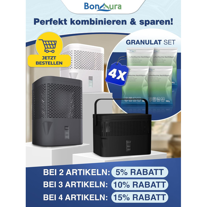 BonAura® Безструмний осушувач повітря - для підвалів, ванних кімнат та ін. - 980г осушувального грануляту в комплекті - Захист від плісняви (Off White + 5 X Гранулят)