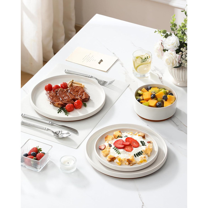 Набір посуду MALACASA з каменю (18 предметів) для 6 осіб, керамічний сервіз з глазур'ю 'сезам', білий з коричневим дном, набір тарілок та мисок