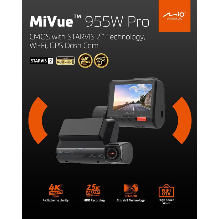 Відеореєстратор Mio MiVue 955W Pro 4K: GPS, Wi-Fi, STARVIS, HDR, Паркувальний режим, 3 роки гарантії