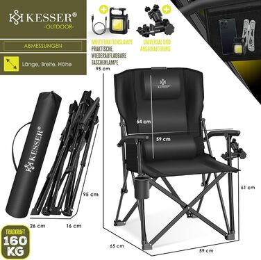 Кресlo для кемпінгу KESSER® розкладне, до 160 кг | Зручне рибальське крісло з підлокітниками, кишенею для напоїв та світлом | Чорний колір
