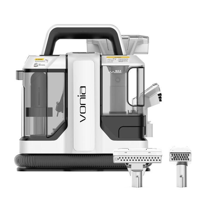 Мийний пилосос Vonia для килимів та м'яких меблів – потужний 450W, сила всмоктування 11 kPa, 2 насадки, шланг 1,2 м – ідеально для авто, диванів, килимів та м'яких меблів (білий)