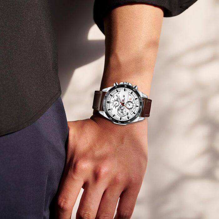 Годинник чоловічий OFF-CUP з датою, кварцовий хронограф, коричневий ремінець з натуральної шкіри. Елегантний аксесуар для чоловіків, casual та business стилю. Прекрасний подарунок.