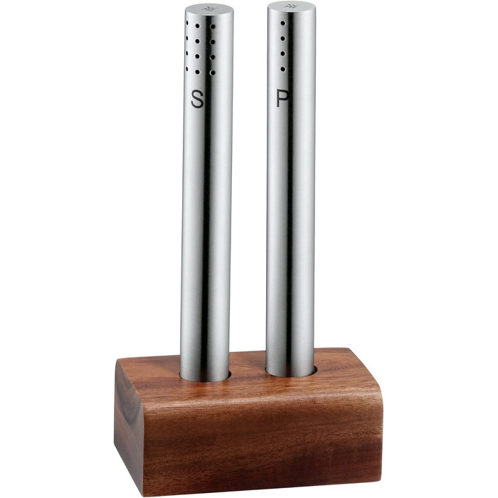 WMF Salt and Pepper Shaker Set - 2 Piece. Salt Shaker, Pepper Shaker, Acacia Wood, Matte Finish, Hand Wash. & WMF Bel Gusto Cromargan Stainless Steel Salt and Pepper Shaker Set - 2 Piece.