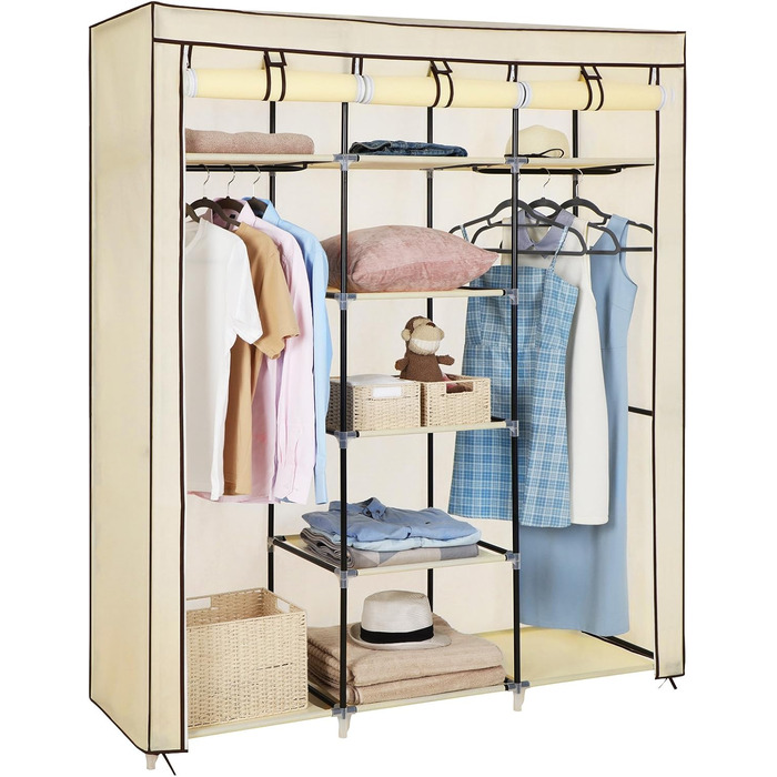 SONGMICS Closet, Clothes Rack, Folding Wardrobe with Clothes Rod, Garment Rack, Storage, Pockets, Shoes, Bedroom, Dressing Room, 45 x 150 x 175 cm, RYG12B (Beige)