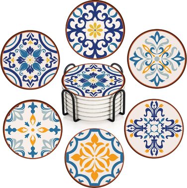 Drink Coasters 6-Piece Set, Geometric Tribal Boho Blue Red Absorbent Round Ceramic Stone Mat with Cork Bottom and Metal Holder, Housewarming Gift Bar Decor (Talavera Tile)