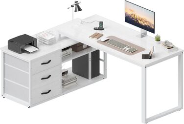 TriumphKey L-Shaped Desk with 3 Drawers & Storage, 140 x 105 x 75 cm - Reversible Corner Desk with USB Charging Ports & Power Outlets, White