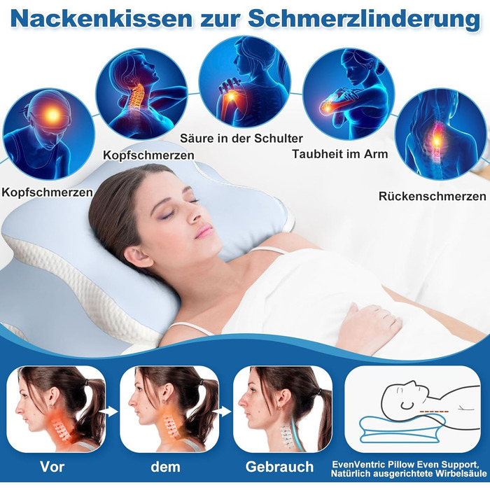 Ортопедична подушка EvenVentric для шиї, м'яка та затишна, знімний чохол, DarkBlue (світло-блакитний)