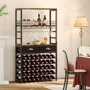 Homeiju Wine Rack, Freestanding Floor, Bar Cabinets for Liqueurs and Glasses, 4-Tier Bar Cabinet with Tabletop, Glass Holder, Storage Drawer and Wine Storage for Living Room, Kitchen, (Retro Black Brown)