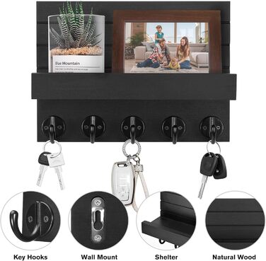 Дерев'яне ключниця на стіну з полицею, чорний колір, 5 гачків, для прихожої, спальні, вітальні