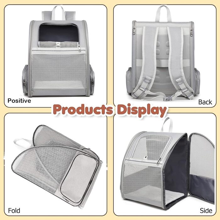 Рюкзак для кота/маленької собаки, переноска для тварин, дихаючий, складаний, з вікном та страхувальним ремінцем, сірий (до 8 кг кота, до 6 кг собаки)