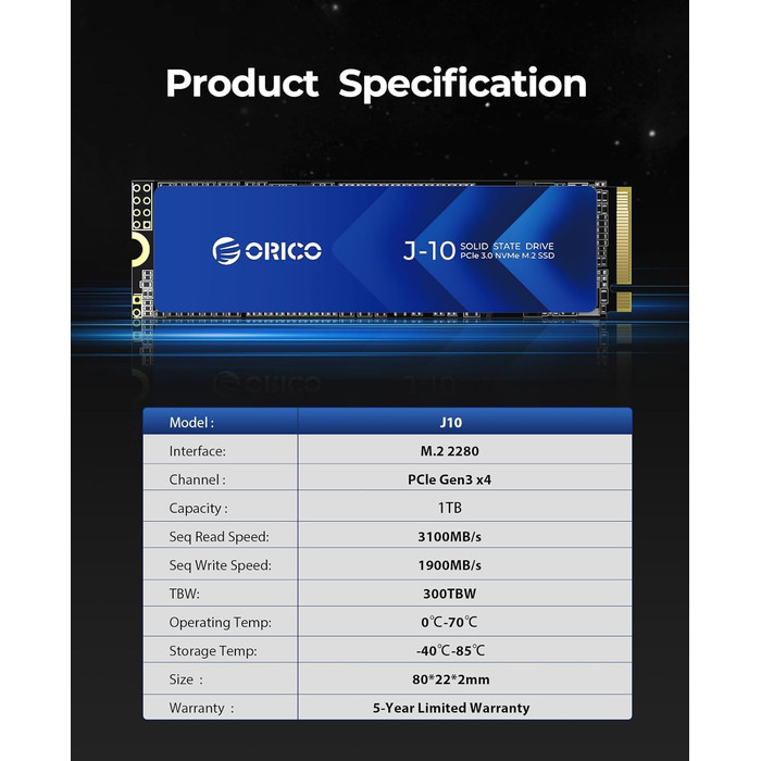 SSD Orico 1TB NVMe M.2 PCIe Gen3.0x4 - 3100 MB/s з кулером для ПК та відеомонтажу (J10)