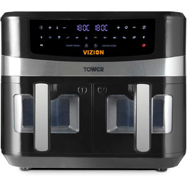 Фритюрниця Tower T17100 Vortx Vizion 9 л з двома кошиками, цифровим управлінням і 10 автоматичними програмами, чорна, аерофритюрниця з подвійним кошиком