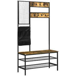 HOMCOM Wardrobe in Industrial Design, 1 Memo Board, 1 Shoe Bench, 8 Clothes Hooks, 1 Storage Bag, Black + Brown