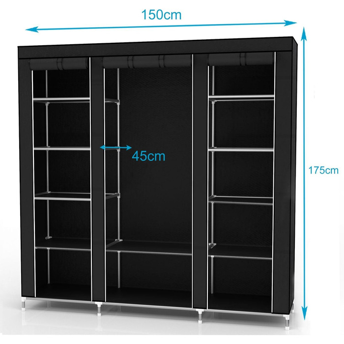 INTIRILIFE Folding Wardrobe 150x175x45 cm in Raven BLACK - with Zipper Fabric Wardrobe, Clothes Rack, Compartments and Side Pocket - Camping Pop-up Wardrobe Textile Clothes Rack