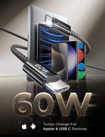 Набір USB-C кабелів LISEN 60W (3x1м + 1x2м), чорний. Підтримка PD 3.0, сумісний з iPhone, Switch, Samsung, MacBook, iPad, Xiaomi