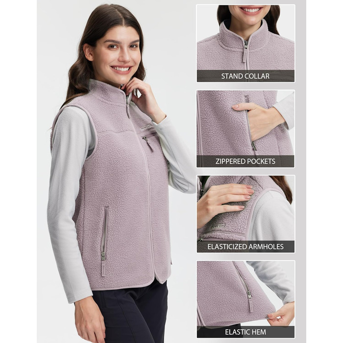 Тепла флісова жилетка Pioneer Camp для жінок – м'яка жилетка з плюшевої тканини з коміром-стійкою та блискавкою для осені, походів, катання на лижах, світло-фіолетовий, розмір S
