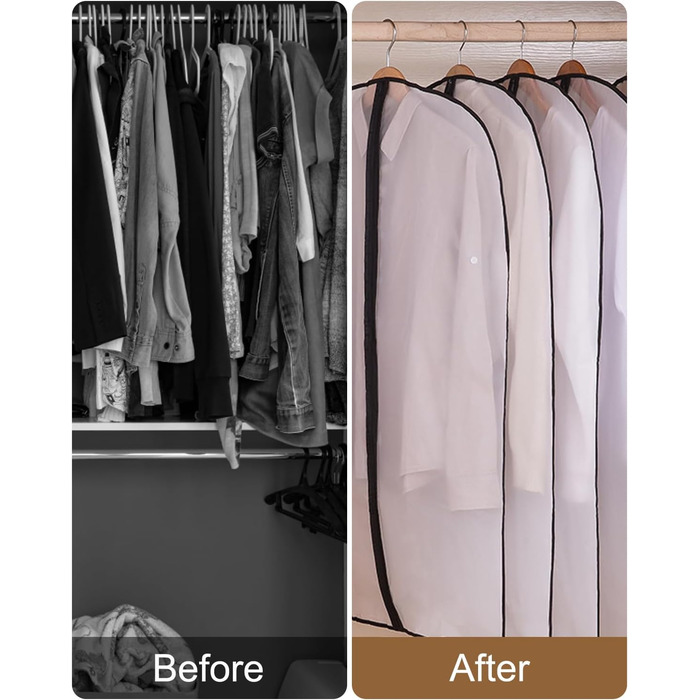 16 чорних мішків для одягу з блискавкою, 60 x 120/100/80 см. Захисні мішки для одягу, костюмів, пальто, суконь, сорочок. Організація та зберігання одягу.