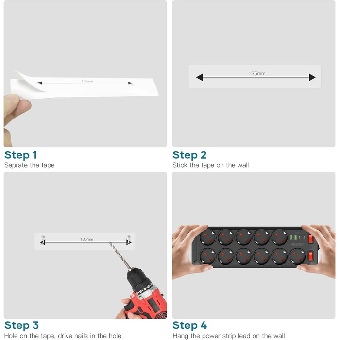 Многорозеткова панель з USB, 11 розеток, з вимикачем, 2 USB-A та 2 USB-C порти, 4000W, 16A, 2 вимикачі, 2м кабель (чорний)