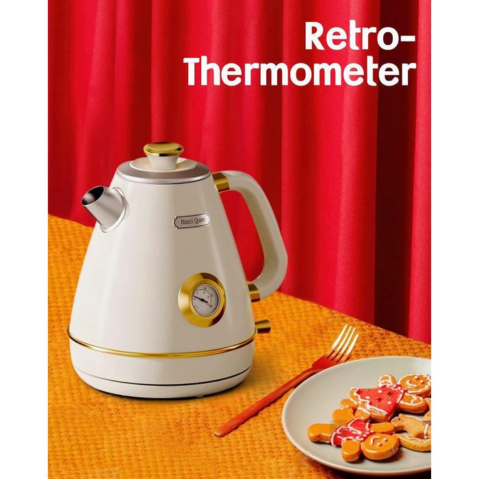 Електричний чайник Rudy Retro з термометром, нержавіюча сталь, 1.7 л, 2200 Вт, без пластику, автоматичне відключення, Vintage-дизайн (Перламутровий)