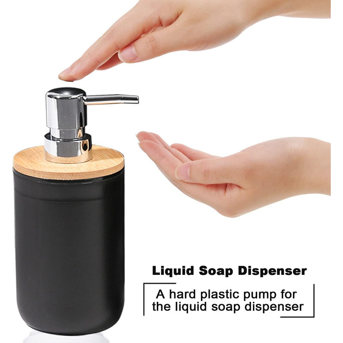 Набір для ванної кімнати MissFox 6 предметів: мильниця, дозатор миючого засобу, сміттєвий бак, тримач для зубних щіток, бачок для води, дозатор мила, аксесуари для ванної кімнати з бамбука, білий/чорний