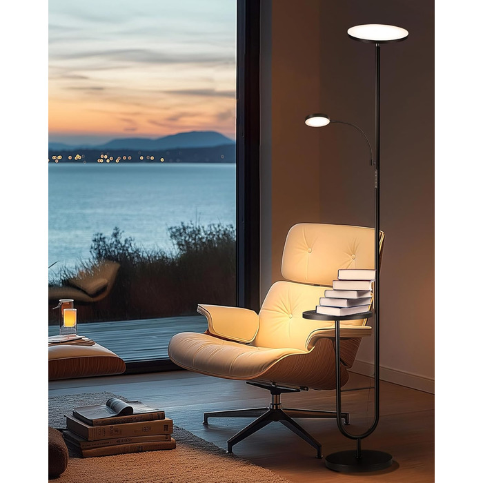 Стійка лампа LuminexDesigns з регулюванням яскравості, 36W+7W LED, 3200LM+600LM, 2700K-6500K, чорний колір. Сучасна підлогова лампа для вітальні з пультом дистанційного керування та функцією настільної лампи.