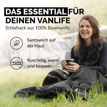 MONTARAY® 100% Cotton Sleeping Bag - Warm Outdoor & Summer Sleeping Bag for 3-4 Seasons - Includes Pillow - Hut Sleeping Bag for Men & Women - Black (75x190cm)