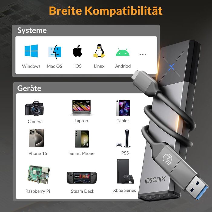 Зовнішній корпус-адаптер iDsonix M.2 NVMe та SATA SSD на USB 3.2 Gen 2 10Gbps, алюмінієвий, без інструментів, підтримка M-Key/B+M Key (2230/2242/2260/2280), сірий