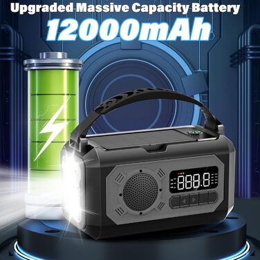 Радіо на сонячних батареях з ручним заводом 12000 mAh, AM/FM/NOAA. Ліхтарик, зарядний пристрій для телефону, компас. Сірий