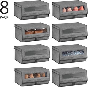 mDesign 8-Piece Fabric Shoe Storage Set – Stackable Shoe Box with Viewing Window, Velcro Closure, and Flip-Top Lid – Storage Box for Closet or Shelf – Dark Gray