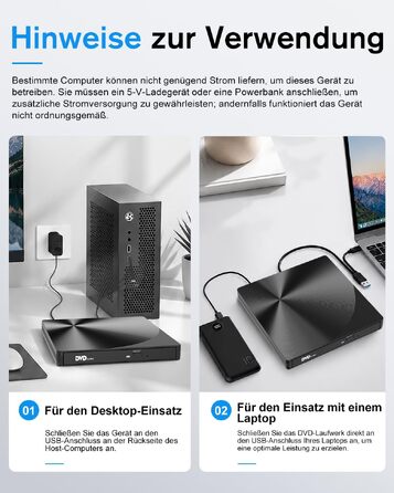 Зовнішній USB 3.0 та USB-C CD/DVD привід varkda для ноутбука та ПК, портативний DVD-плеєр та записник (RW/ROM), сумісний з Windows, macOS, Linux, чорний