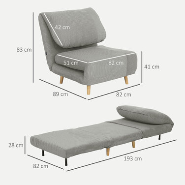 HOMCOM 2-in-1 Sleeper Sofa, Convertible Sleeper Chair, Adjustable Folding Mattress Guest Bed with Corduroy Look, for Bedroom, Living Room Grey 82 x 89 x 83 cm | Aosom
