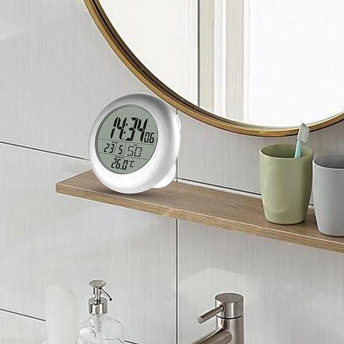 infactory Bathroom Radio Clock: Digital Bathroom Radio Wall Clock with Thermometer, Aluminum, Suction Cups, IP24 (Bathroom Radio Clock Digital, Clock, Gift Ideas)