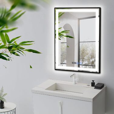 Дзеркало YOURLITE з підсвічуванням 70x50 см, LED дзеркало для ванної кімнати з сенсорним вимикачем, годинником, 3 кольори світла, регулювання яскравості, антизапарник, пам'ять, срібний (чорний, 80x60 см)