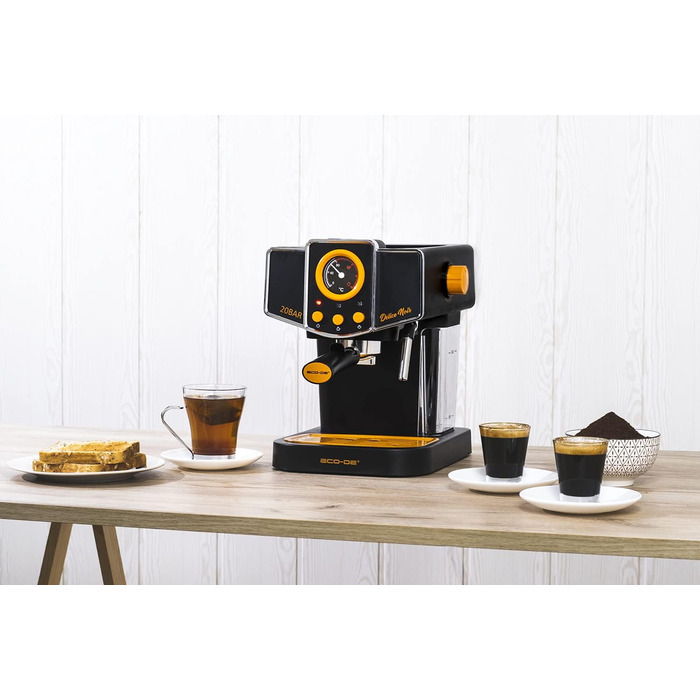 ECODE® Espresso Machine Delice Black, 20 Bar Pressure, Swivel Vaporizer - Machine with 1.5 L Tank, Milk Frother, Single/Double Dosing, Manometer with Temperature - Coffee Machine