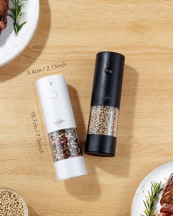 Sangcon Salt and Pepper Grinder 2-Piece Set, Rechargeable via USB, with LED Light, Large Capacity Pepper Grinder, Automatic Grinding and Adjustable Grind Fineness, Suitable for a Variety of Selection