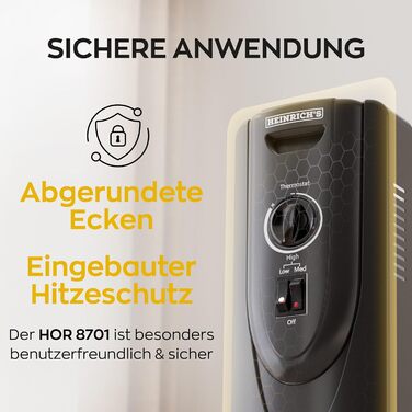 Електричний масляний радіатор Heinrich з 13 ребрами, 2500W, з вентилятором, терморегулятором, захистом від перегріву та нахилу, чорний