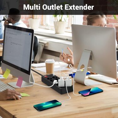 Мережевий фільтр із захистом від перенапруги 10 розеток, USB-C, з вимикачем, 4 USB-порти, 1,5м, чорний (12 розеток)